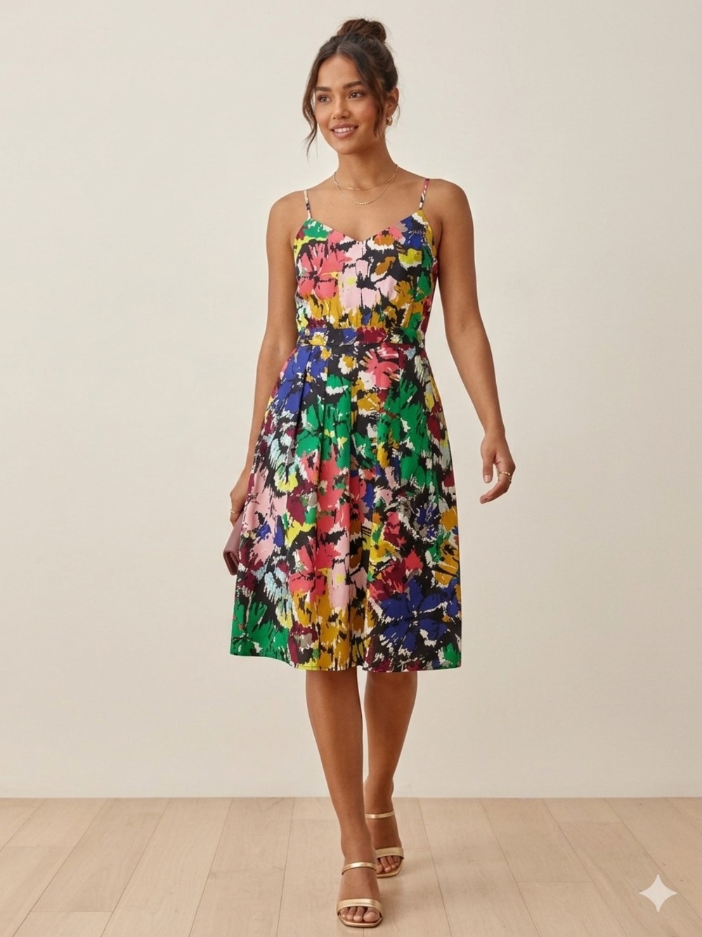 J. Crew Multicolor Floral Print Midi Dress with Spaghetti Straps